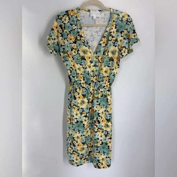 French Grey Dress Yellow/ Green Floral V Neck Tie Waist Short Sleeve- Med - Picture 1 of 6